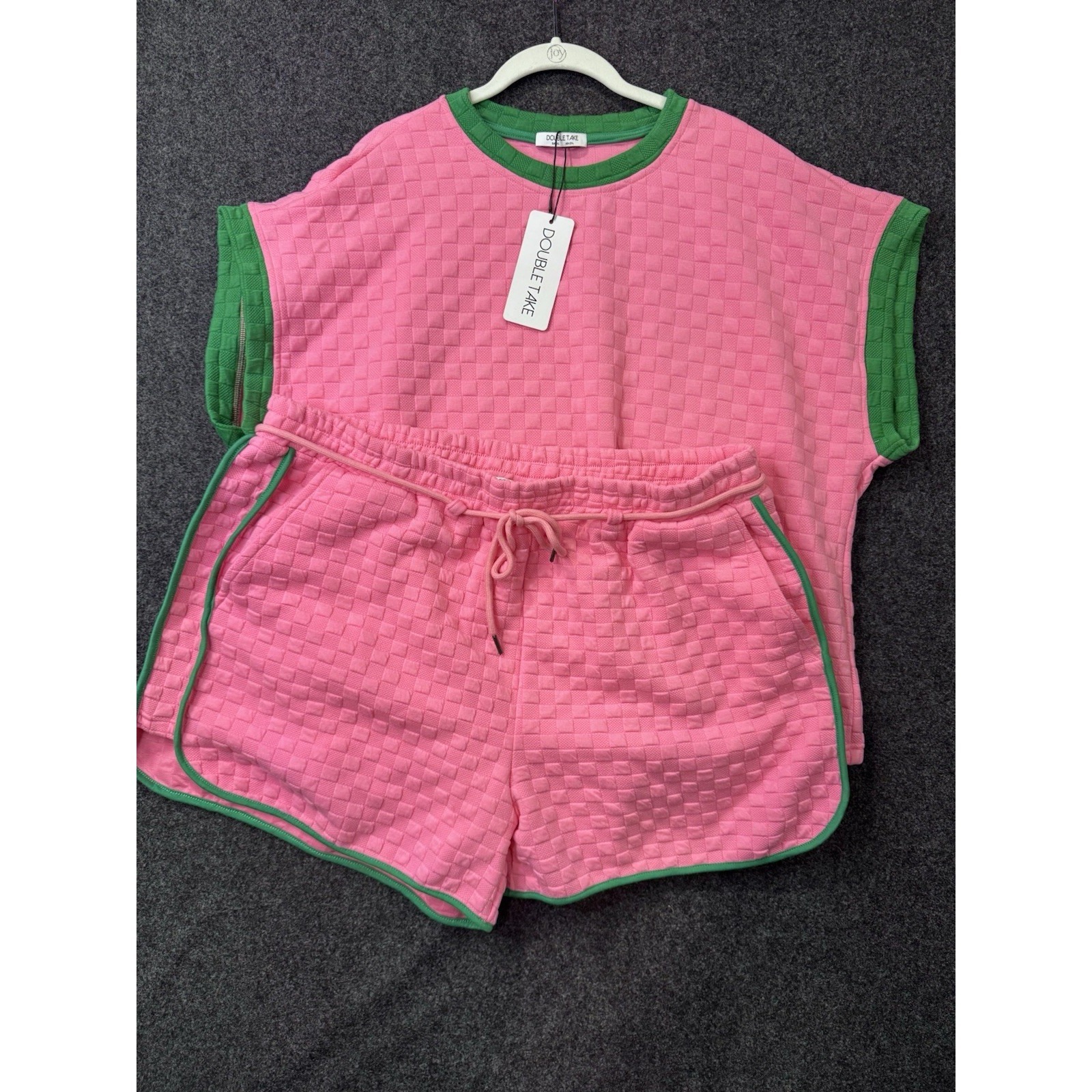Double Take Pink Green Lounge Set 2xl Textured Top Shorts Matching Outfit Nwt